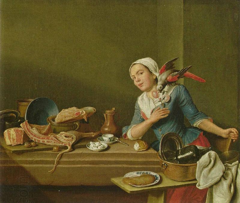 Peter Jakob Horemans Kuchenstillleben mit weiblicher Figur und Papagei oil painting picture